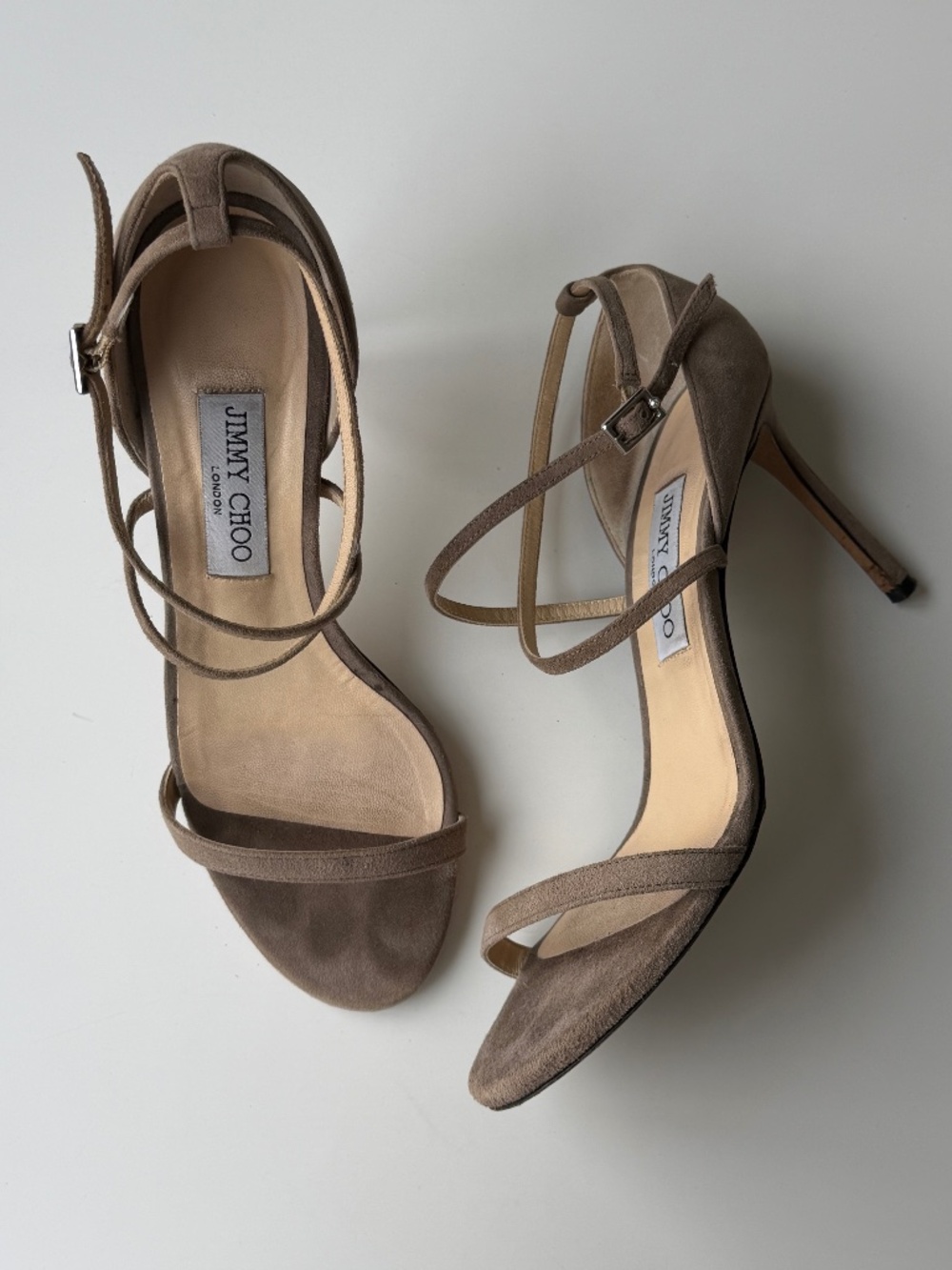 Vintage Jimmy Choo Taupe Suede Strappy Sandals, IT 39, approx. US 8.5